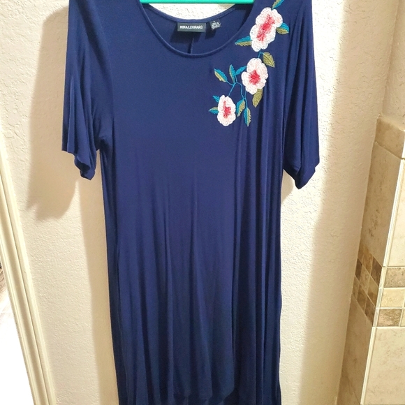 Blue, flower embroidered Nina Leonard dress - Picture 1 of 7